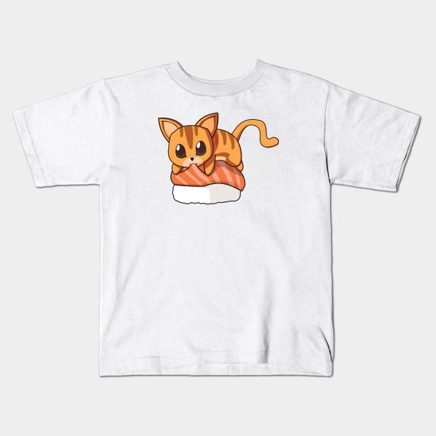 Orange Cat Salmon Sushi Kids T-Shirt by Myanko